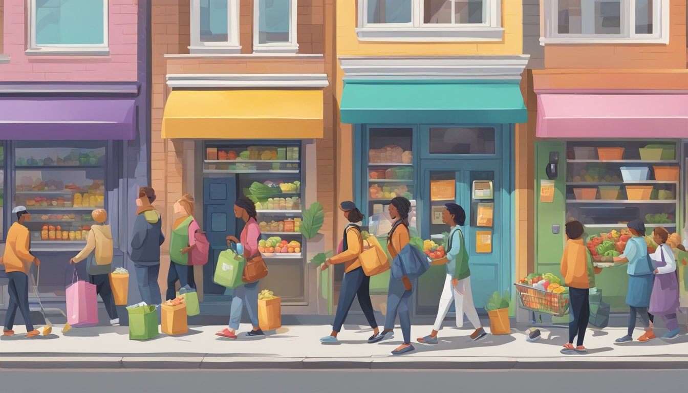 A bustling city street with a colorful community fridge surrounded by people dropping off and picking up food donations