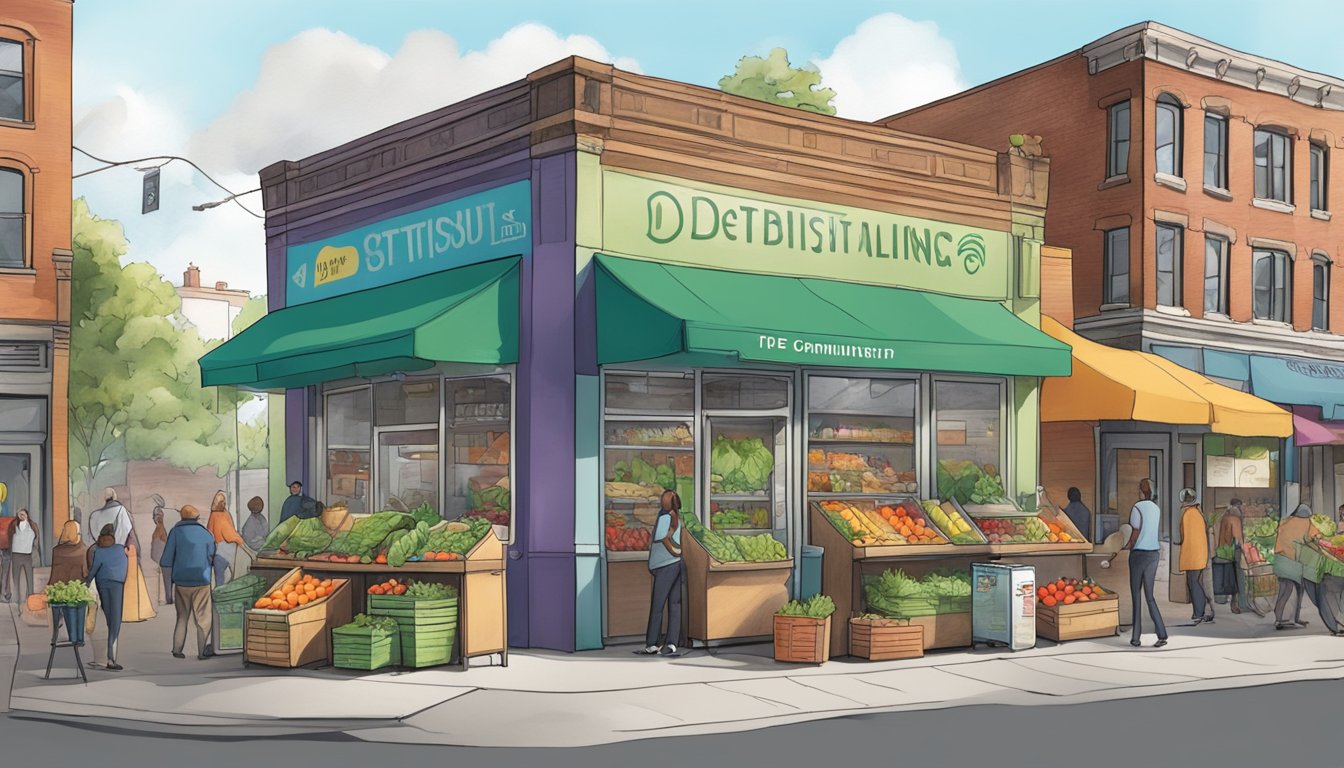 A bustling Detroit street corner with a colorful community fridge filled with fresh produce and food donations, surrounded by local residents and businesses promoting sustainability