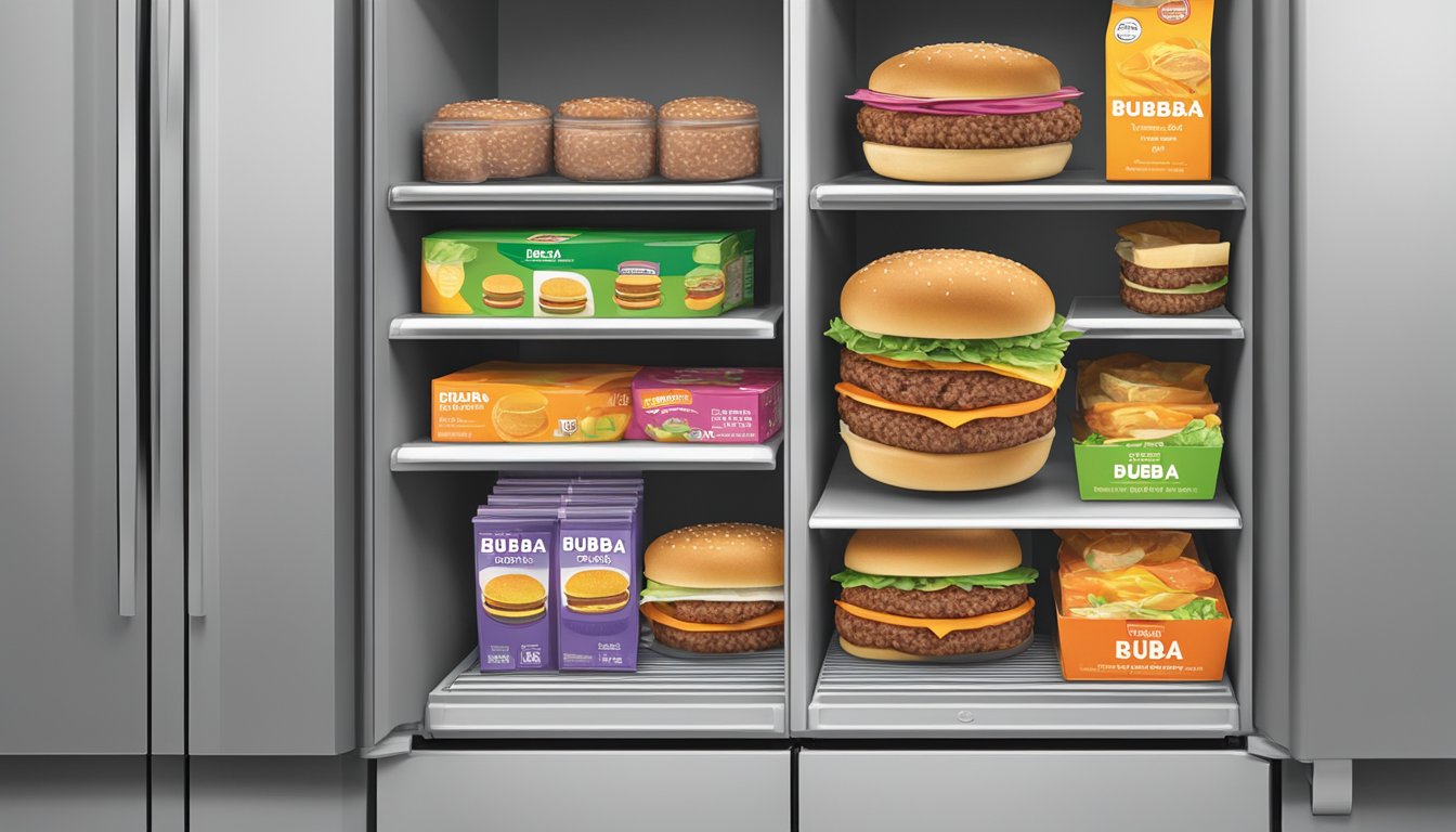 A pack of Bubba Foods Original Beef Burgers sits unopened on a clean, organized refrigerator shelf, surrounded by other food items