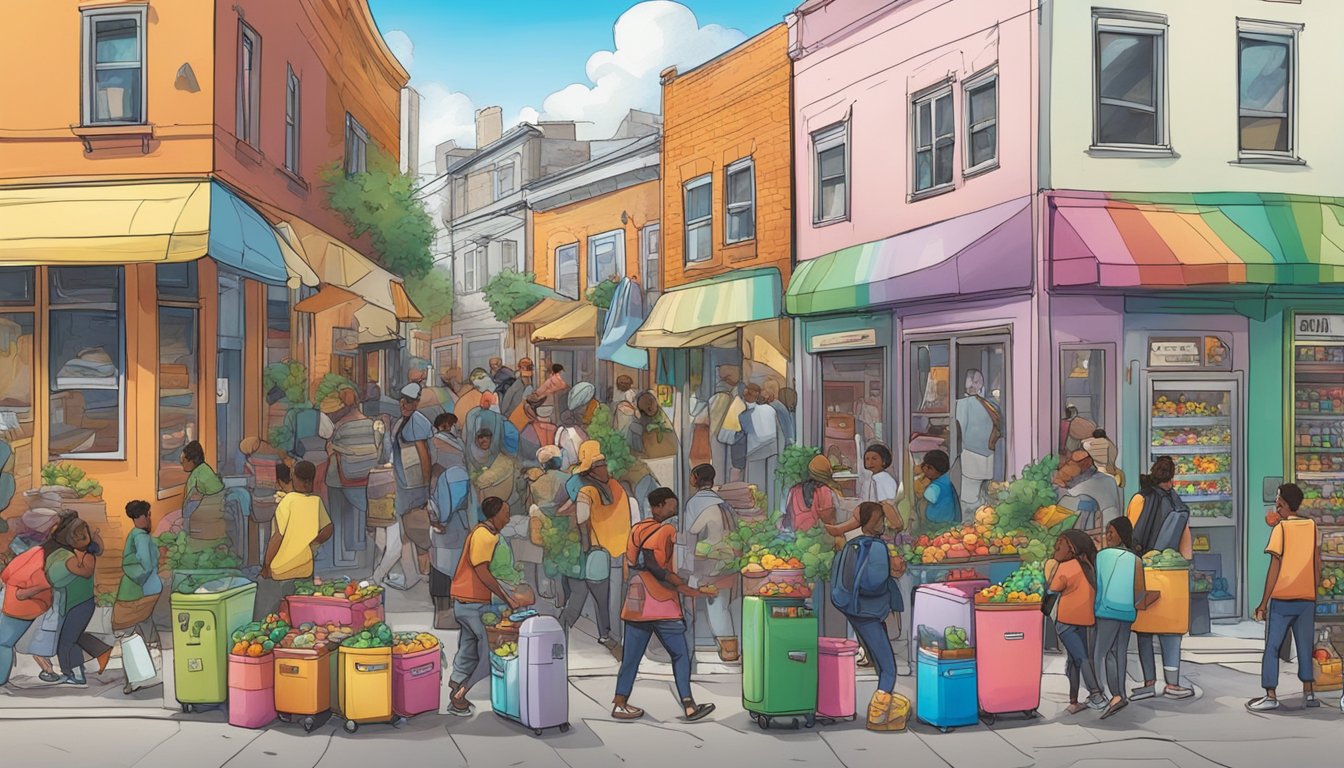 A bustling street corner with a colorful, graffiti-covered refrigerator surrounded by a diverse group of people dropping off and picking up food items