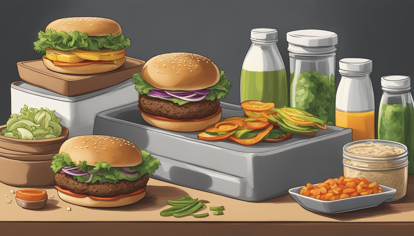 A package of Bubba Foods veggie burgers sits on a kitchen counter, surrounded by various condiments and toppings. The burgers are fresh and ready to be cooked