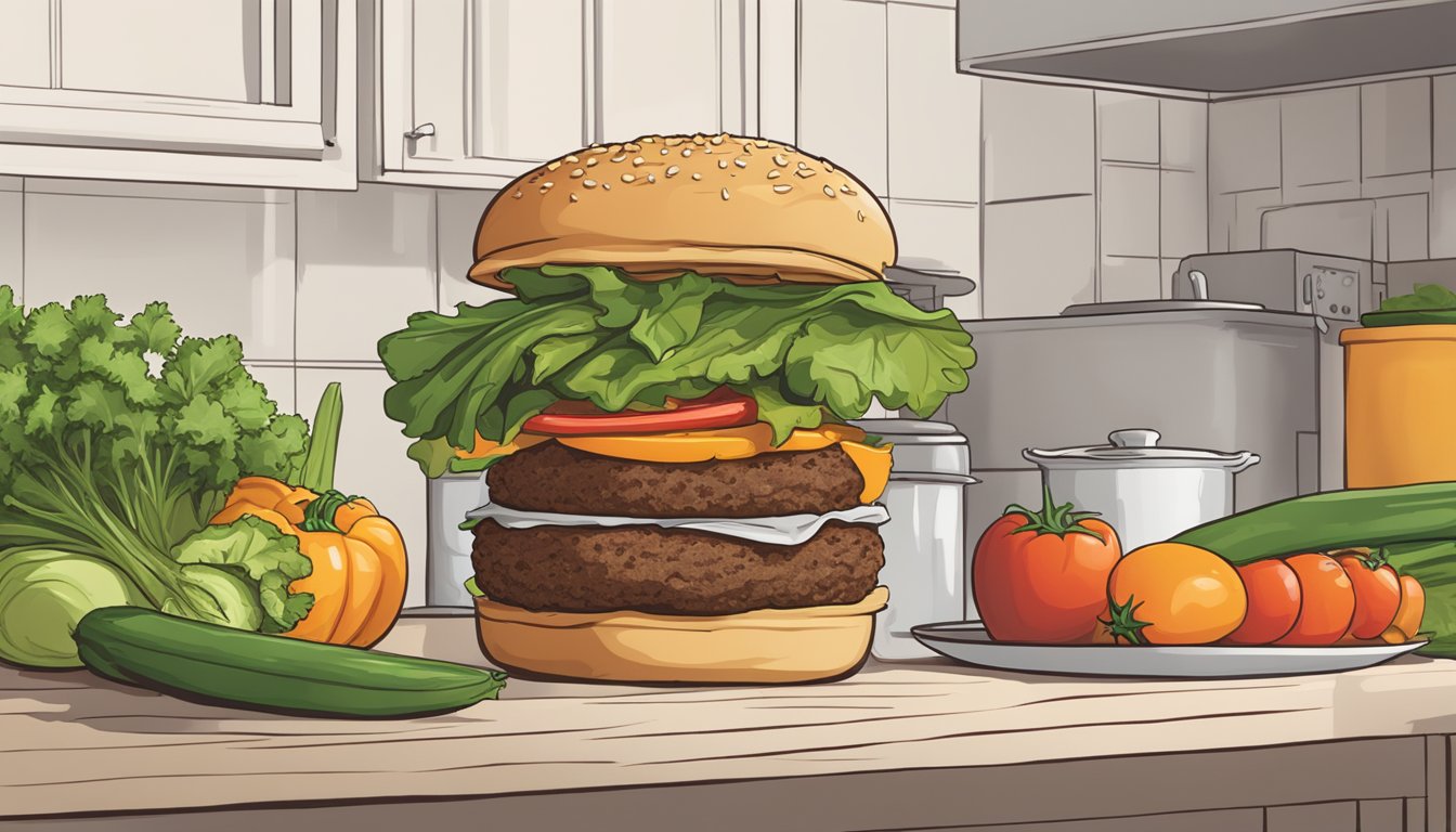 A stack of Bubba Foods veggie burgers sits on a kitchen counter, surrounded by fresh vegetables and a compost bin