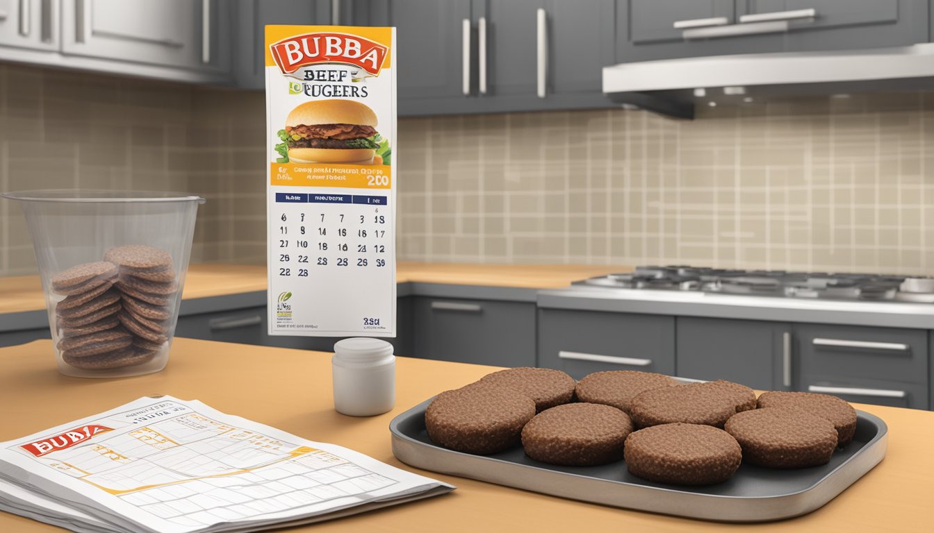 A package of Bubba Foods original beef burgers sits unopened on a kitchen counter, with a calendar in the background marking the current date