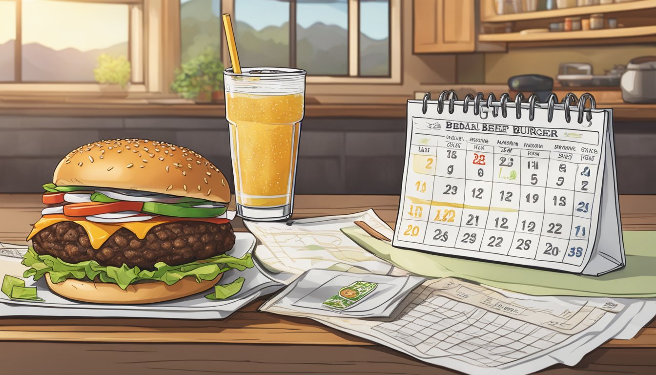 A sizzling Bubba Foods Original Beef Burger sits next to an alternative burger, with a calendar showing the expiration date being extended for the Bubba burger