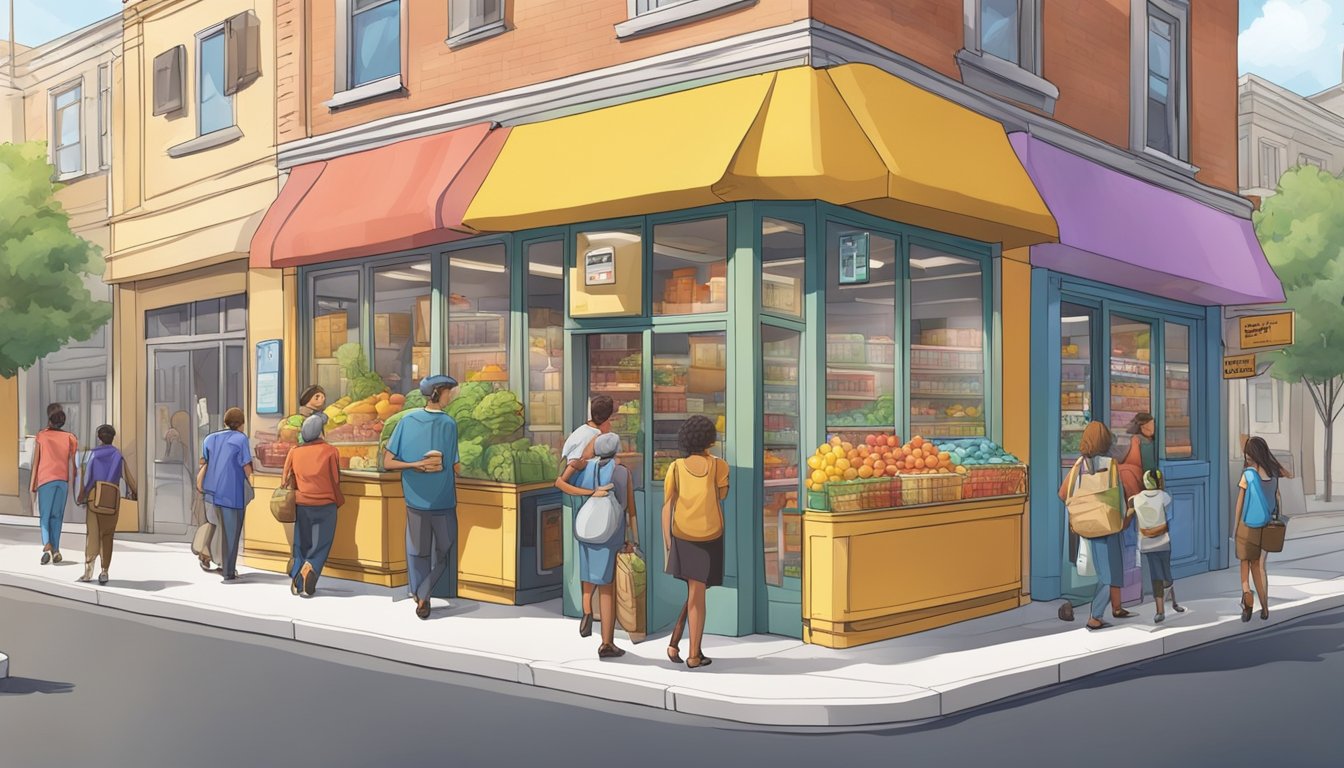 A bustling street corner with a colorful, well-stocked community fridge surrounded by diverse people coming and going