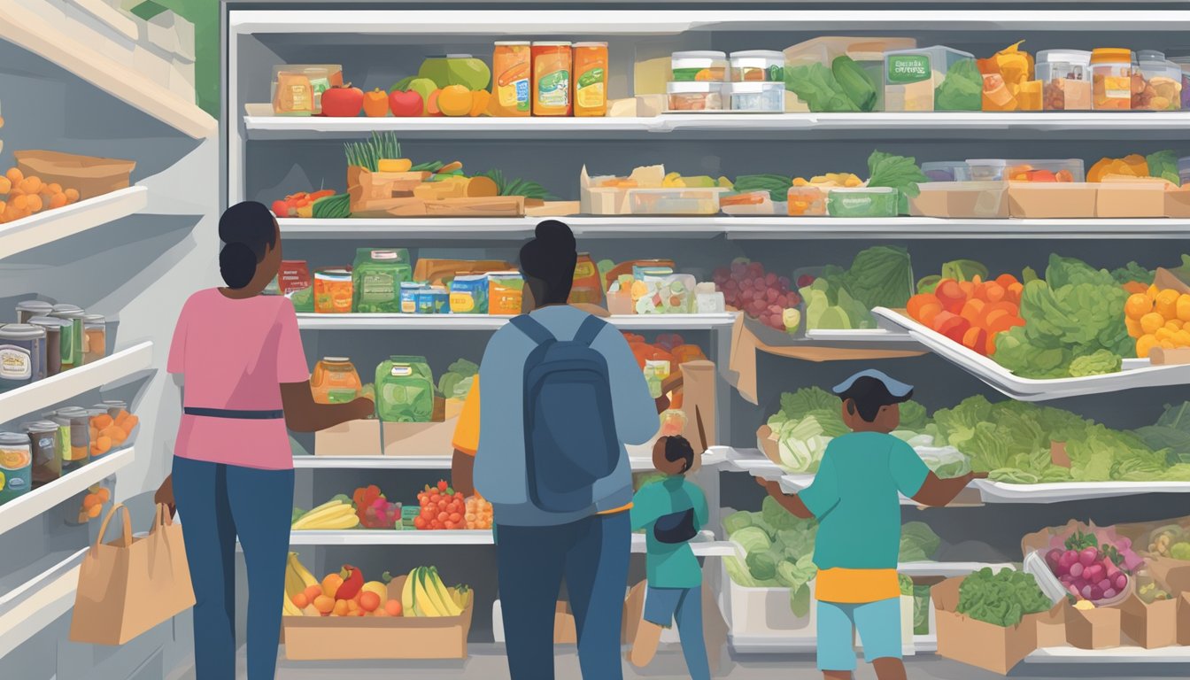 A bustling local community fridge in Sterling Heights, MI, filled with fresh produce, canned goods, and other food items, with people coming and going to contribute and take what they need