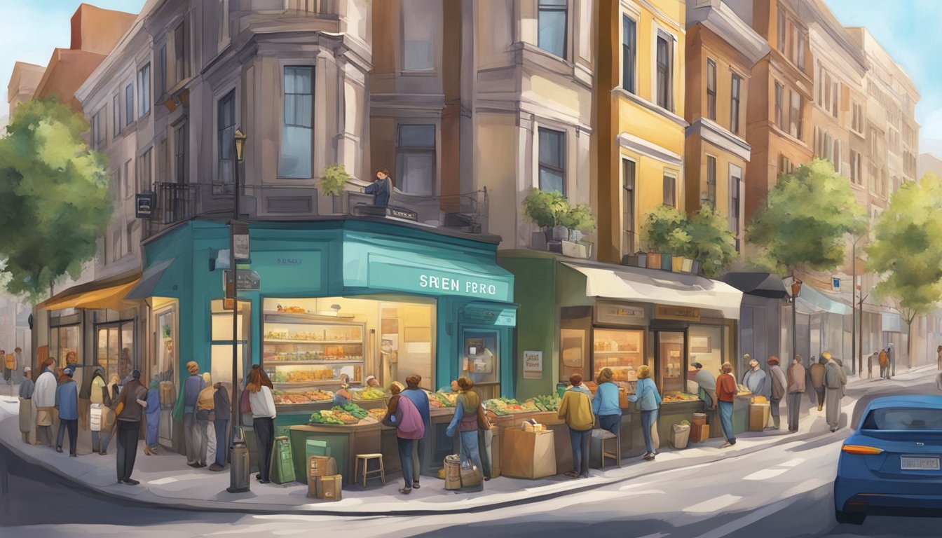 A bustling street corner with a community fridge surrounded by diverse shops and people