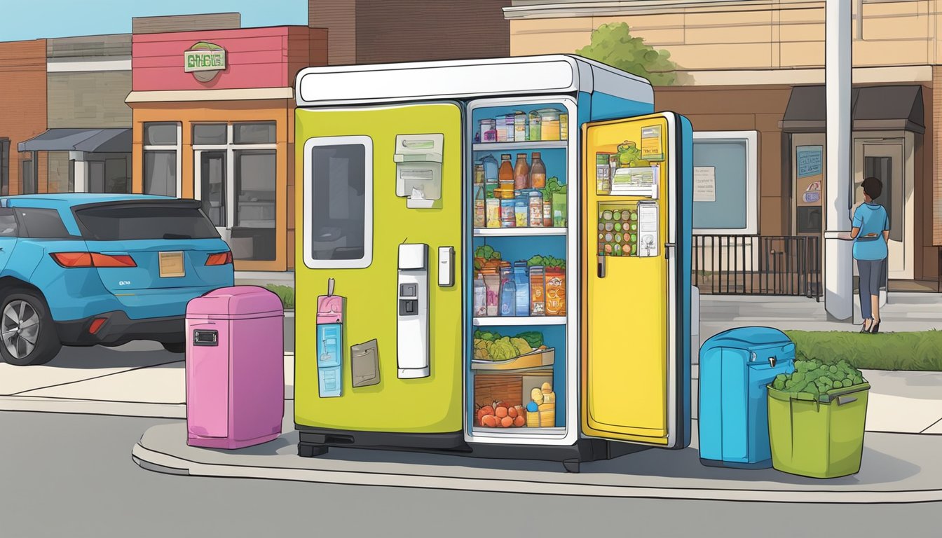 A brightly colored community fridge stands on a busy street corner, surrounded by a diverse array of government and community resources in Sterling Heights, MI