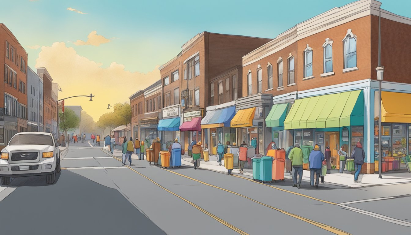 A bustling street in Dearborn, Michigan, with colorful community fridges lined up, offering free food and support to local residents