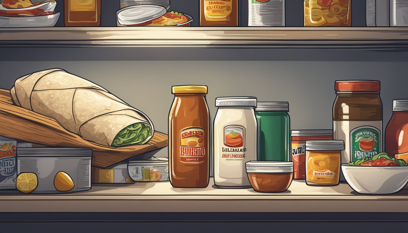 A burrito wrapped in foil sits on a shelf next to a jar of salsa and a container of sour cream. The room is dimly lit, with shelves of canned goods in the background