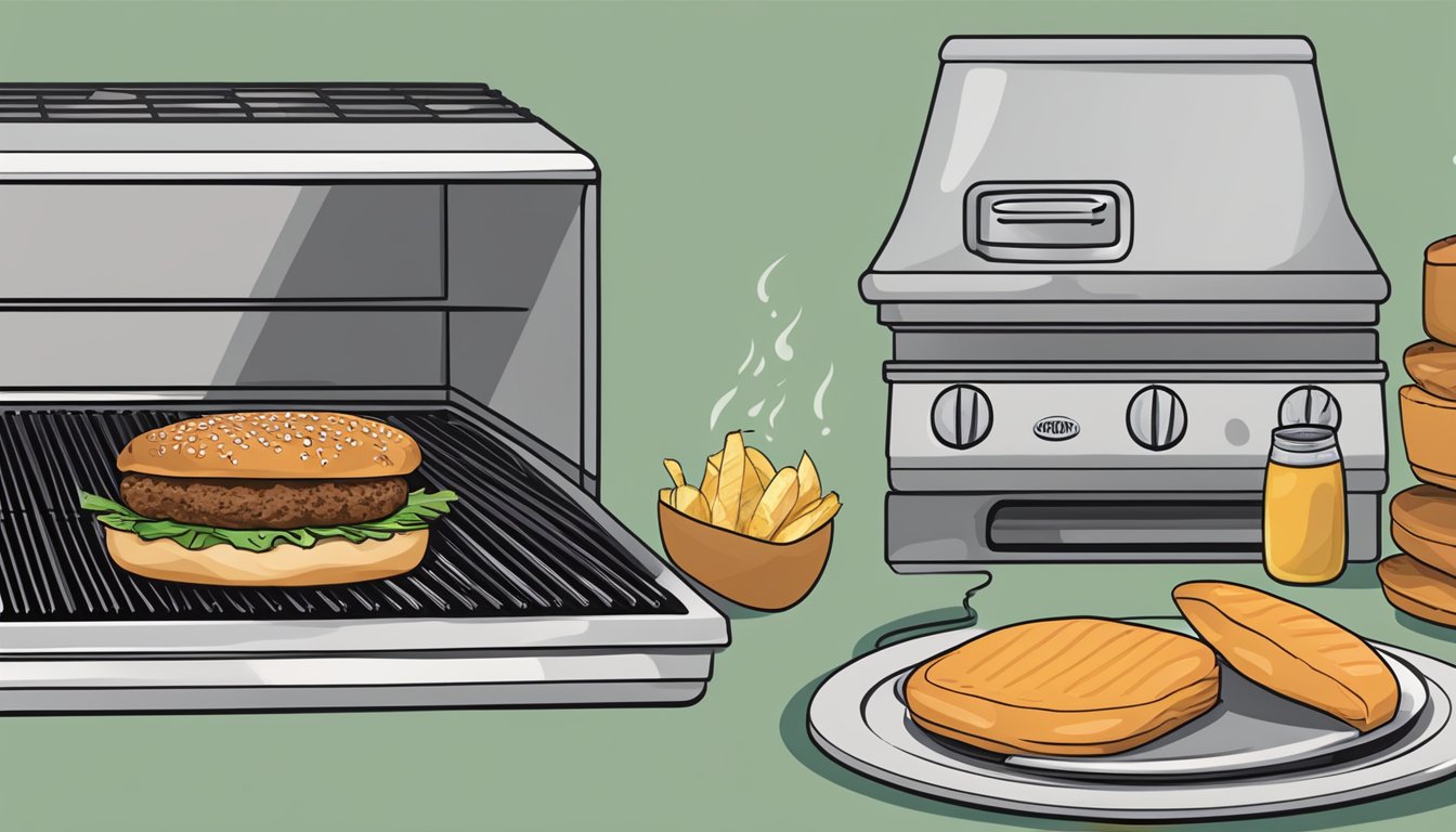 A sweet onion turkey burger sits on a clean grill, sizzling as it cooks. A timer nearby shows the recommended cooking time