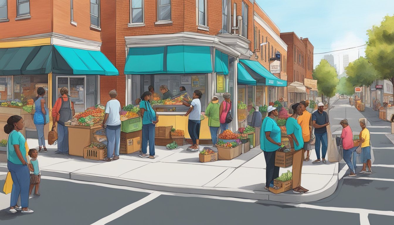 A bustling street corner in Louisville, KY, with a colorful community fridge surrounded by volunteers and locals exchanging food and goods