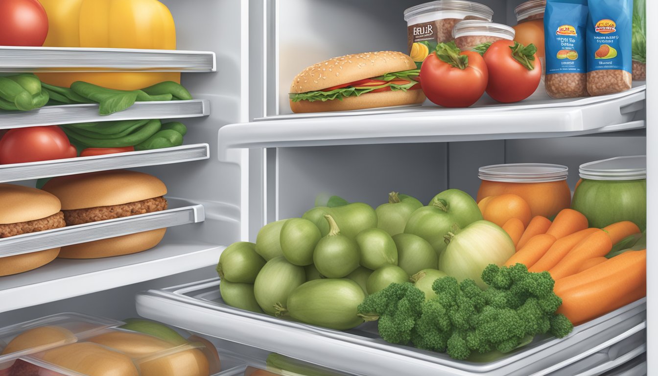 A package of Bubba Foods sweet onion turkey burgers sits in the refrigerator, surrounded by fresh vegetables and fruits