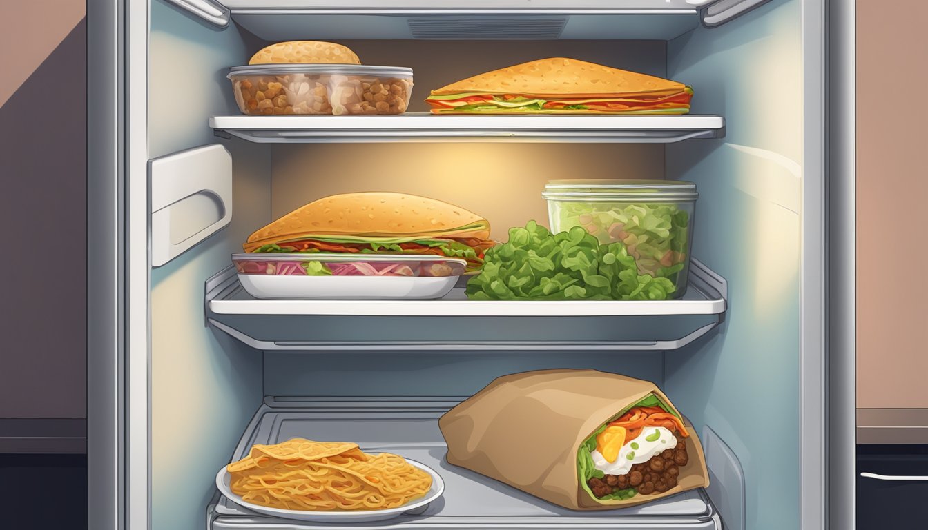 A stack of burritos sits inside an open refrigerator, surrounded by various food items. The fridge door is slightly ajar, with a dim light illuminating the contents inside