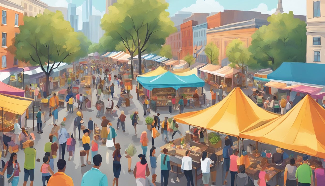 A bustling street fair with colorful tents and food trucks, people browsing and chatting, live music filling the air