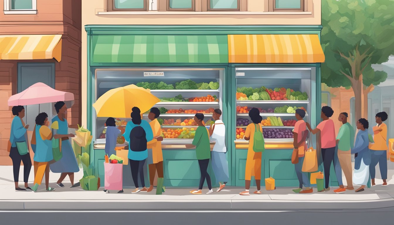 A bustling street corner with a brightly colored community fridge filled with fresh produce and packaged goods, surrounded by a diverse group of people donating and taking food