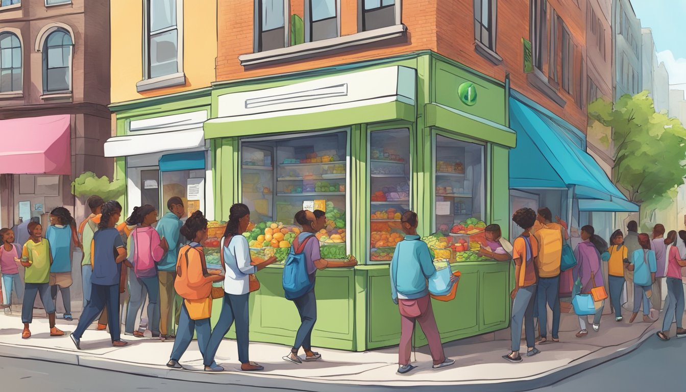 A bustling street corner with a bright, colorful community fridge surrounded by people donating and taking food