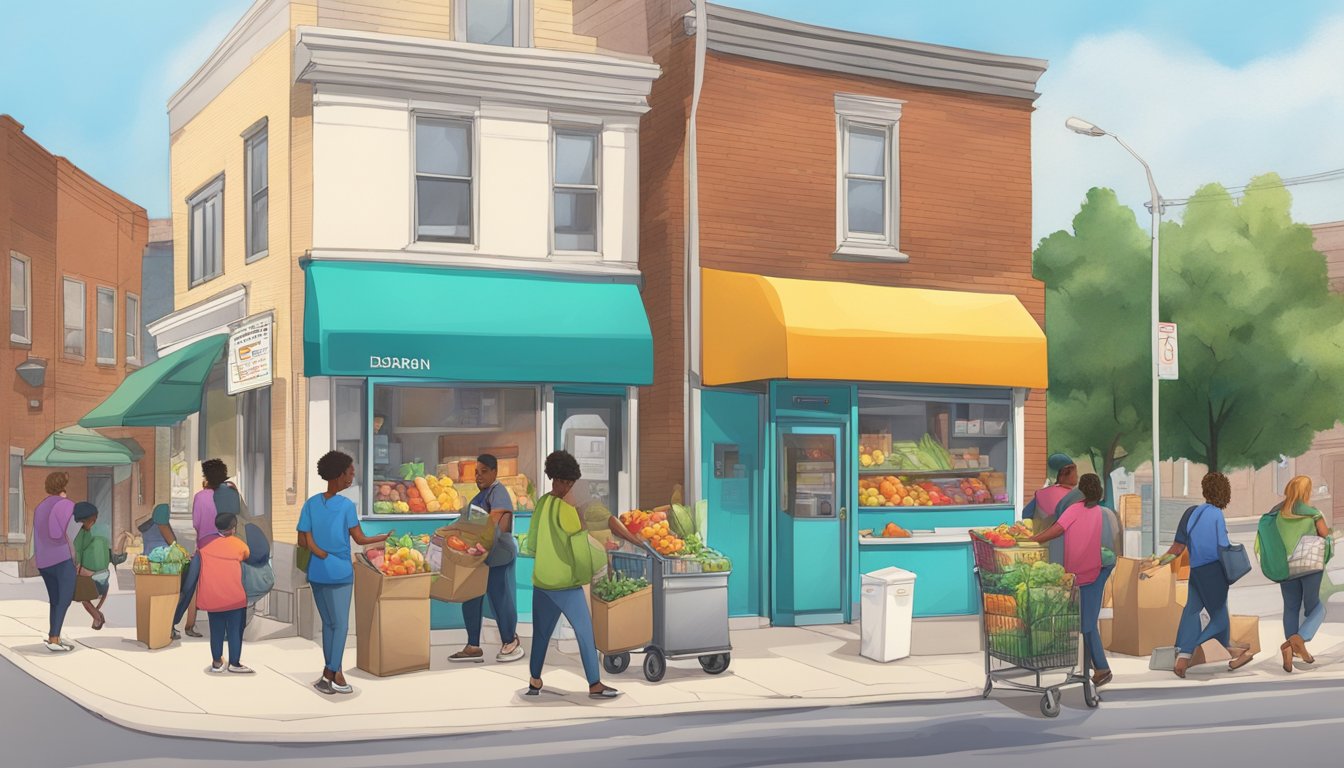 A bustling street corner in Dearborn, Michigan, with a colorful community fridge surrounded by people dropping off and picking up food items