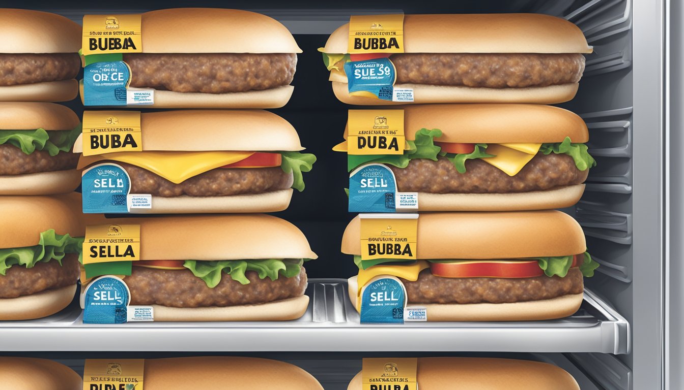 A package of Bubba Foods sweet onion turkey burgers sits in a refrigerator, with a "sell by" date clearly visible on the packaging