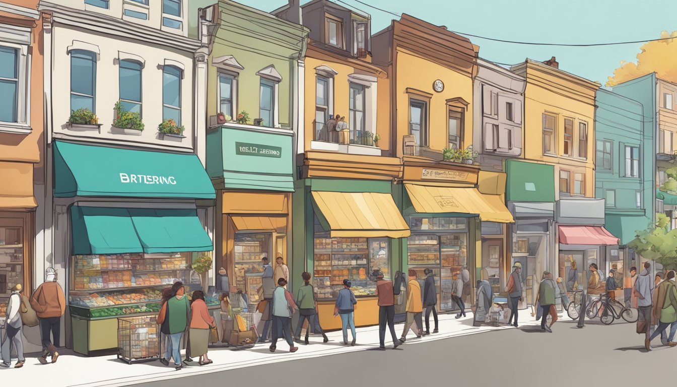 A bustling street with diverse shops and a community fridge, surrounded by people coming and going