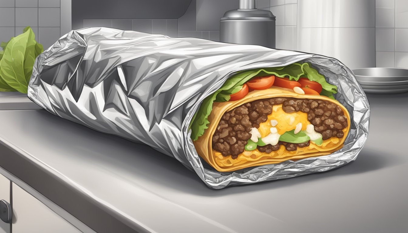 A burrito sits on a kitchen counter, wrapped in foil. Mold begins to form on the edges, indicating spoilage