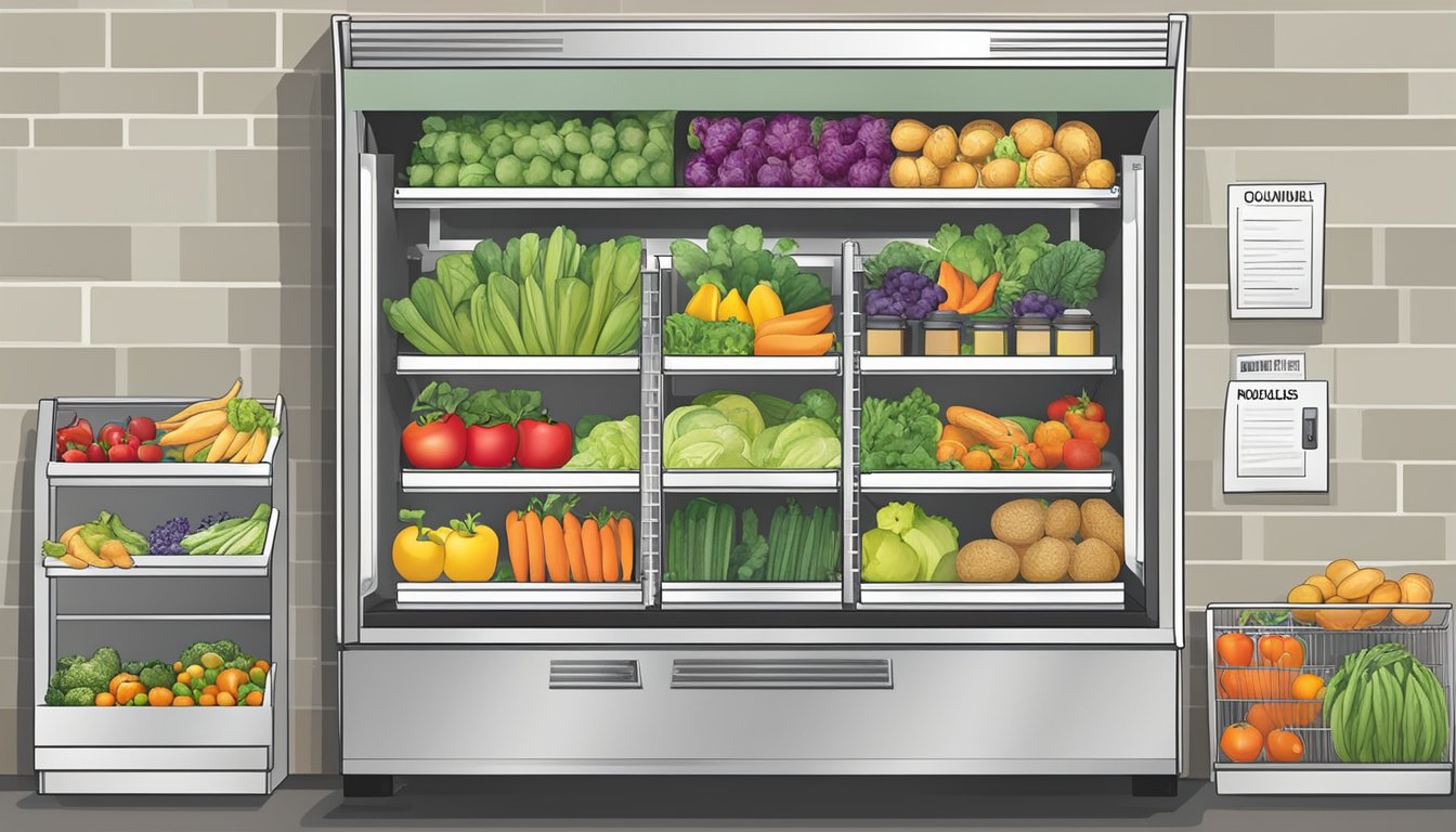 A clean and well-organized community fridge in Louisville, KY, stocked with fresh produce and labeled with clear safety guidelines