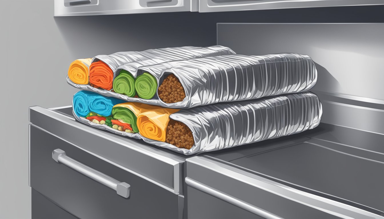 A stack of burritos neatly wrapped in foil, arranged in a refrigerator with a labeled expiration date