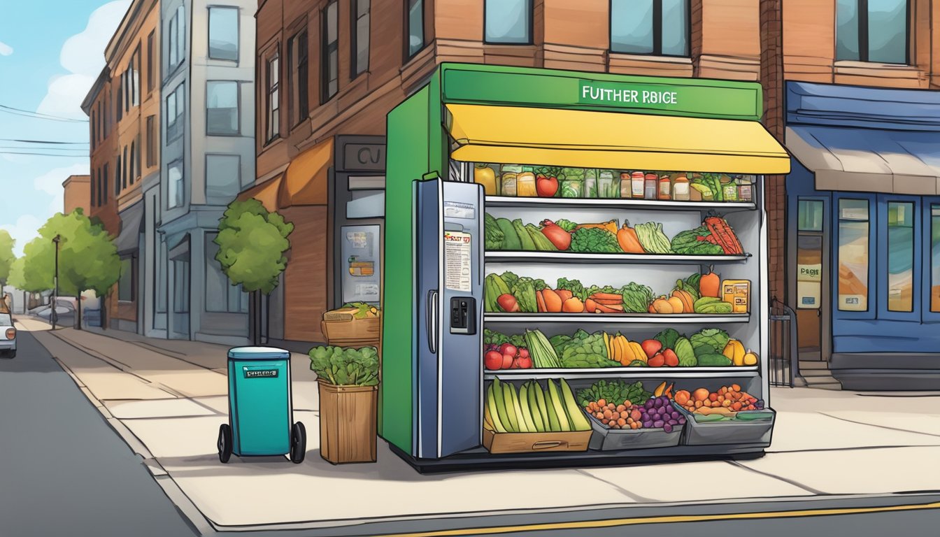 A colorful community fridge stands on a bustling street corner, filled with fresh produce and labeled with "Further Resources Dearborn, MI Local Community Fridge Guide."