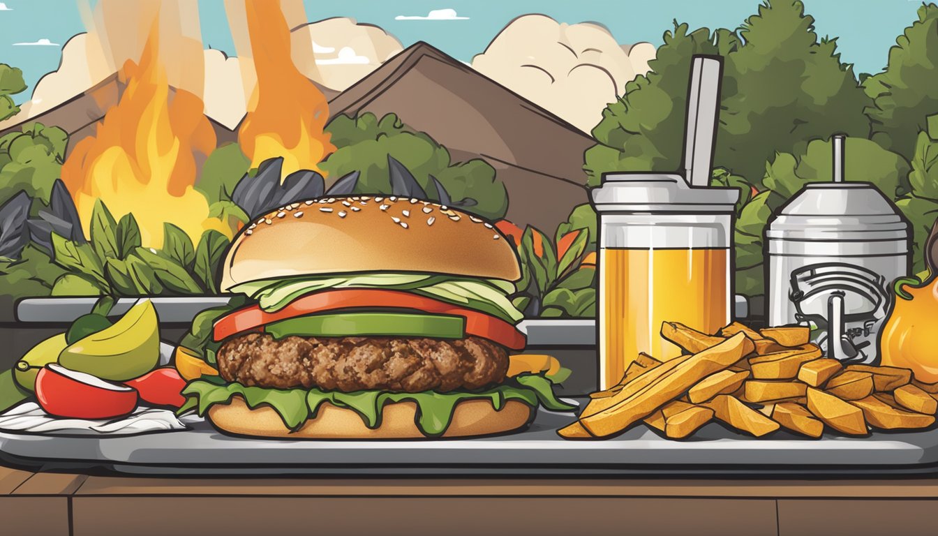 A sizzling Bubba Foods sweet onion turkey burger on a grill, surrounded by fresh ingredients and the Bubba Foods logo