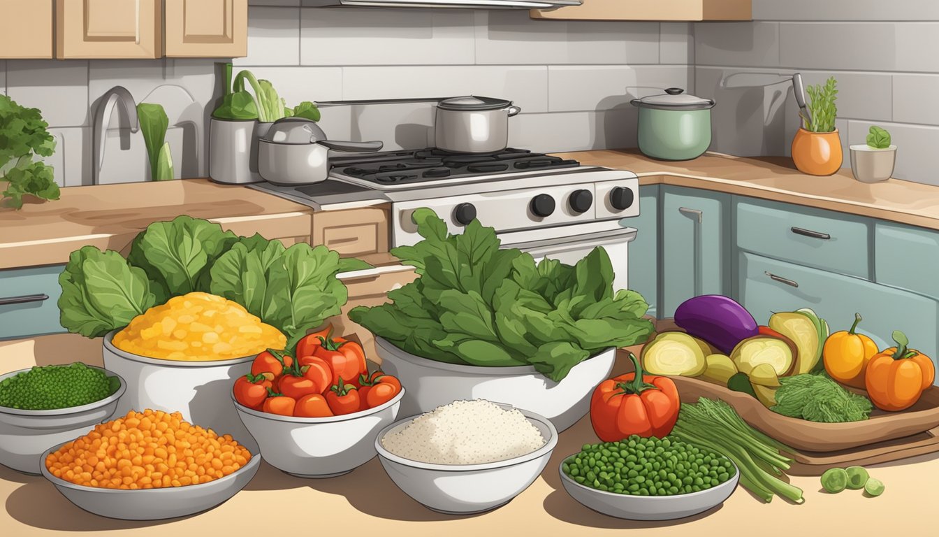 A colorful array of fresh ingredients, including beans, rice, vegetables, and tortillas, arranged on a clean kitchen counter