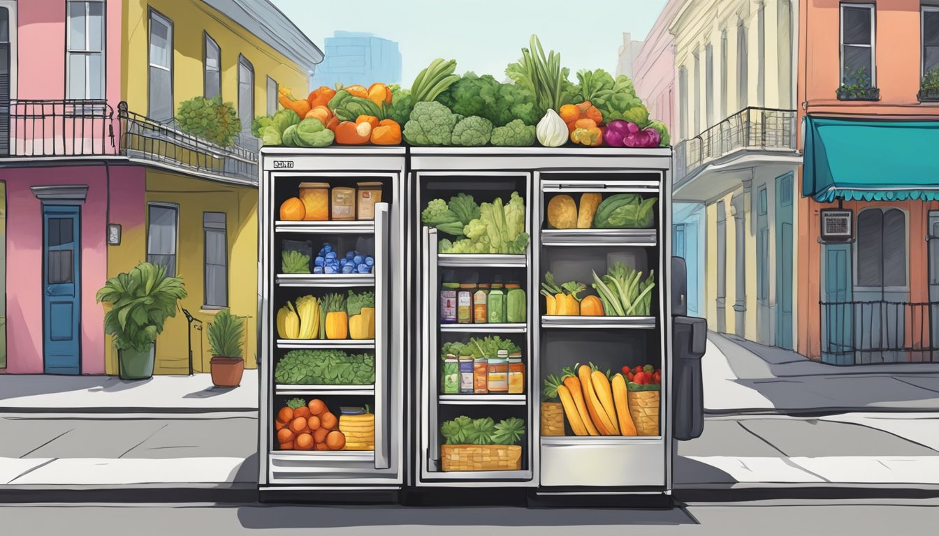 A colorful community fridge stands on a bustling New Orleans street, adorned with local artwork and filled with fresh produce and food donations