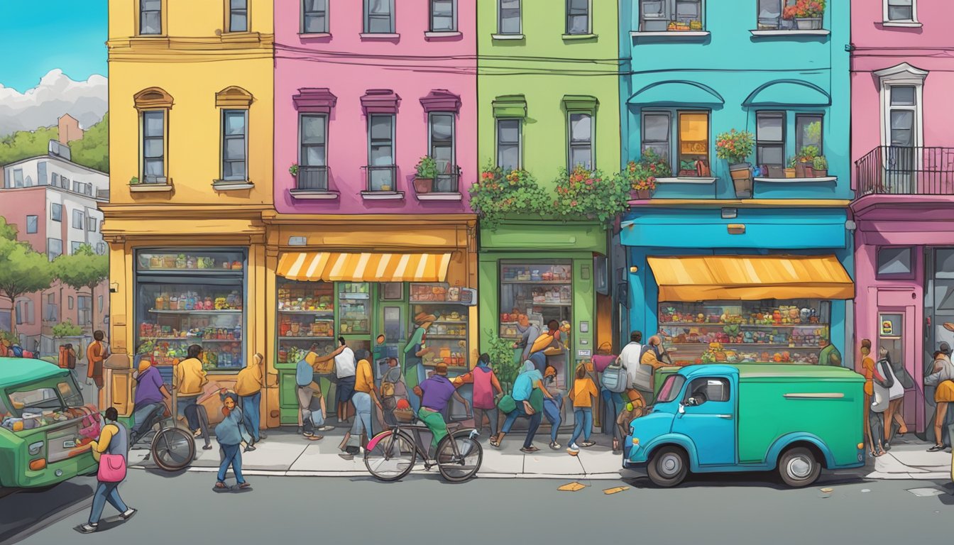 A bustling street corner with a colorful, graffiti-covered fridge surrounded by people dropping off and picking up food items