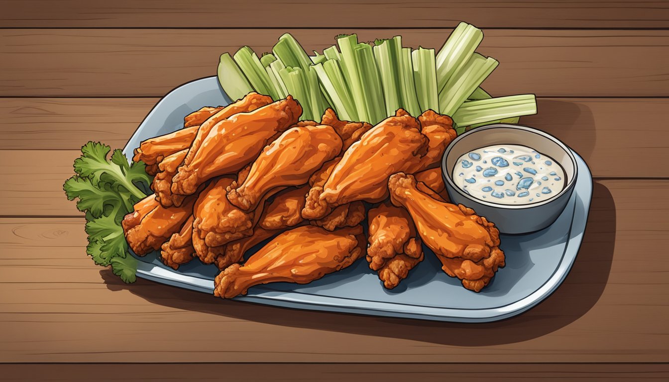 A plate of buffalo chicken wings sits on a wooden table with a side of celery and blue cheese dressing