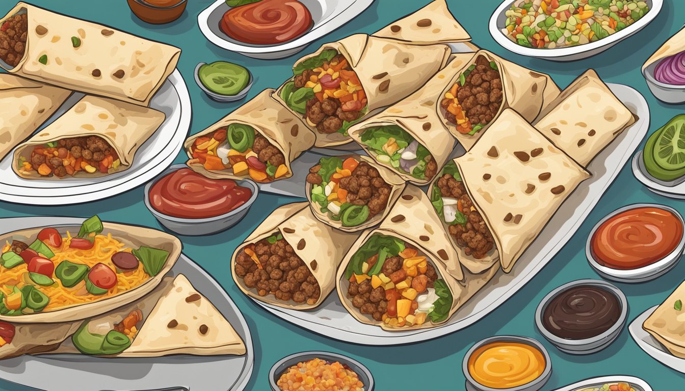 A colorful array of leftover burritos arranged on a plate, some open to reveal the fillings inside, with a variety of toppings and sauces scattered around