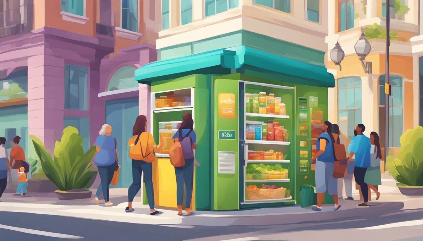 A colorful community fridge stands on a bustling street corner, surrounded by diverse buildings and greenery. People approach to donate and take food