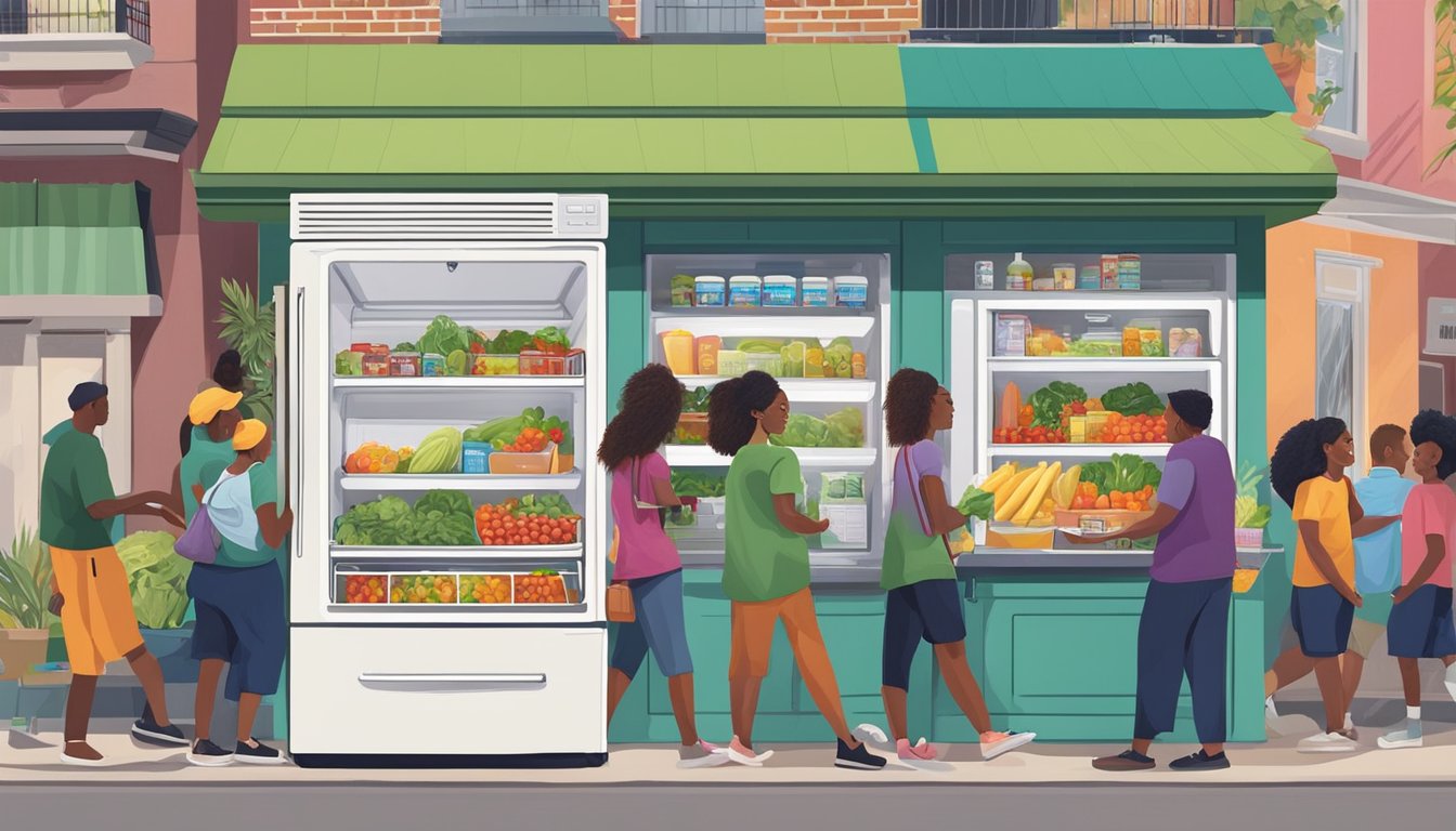 A colorful local community fridge in New Orleans, filled with fresh produce and food items, surrounded by a diverse group of people contributing and taking from it