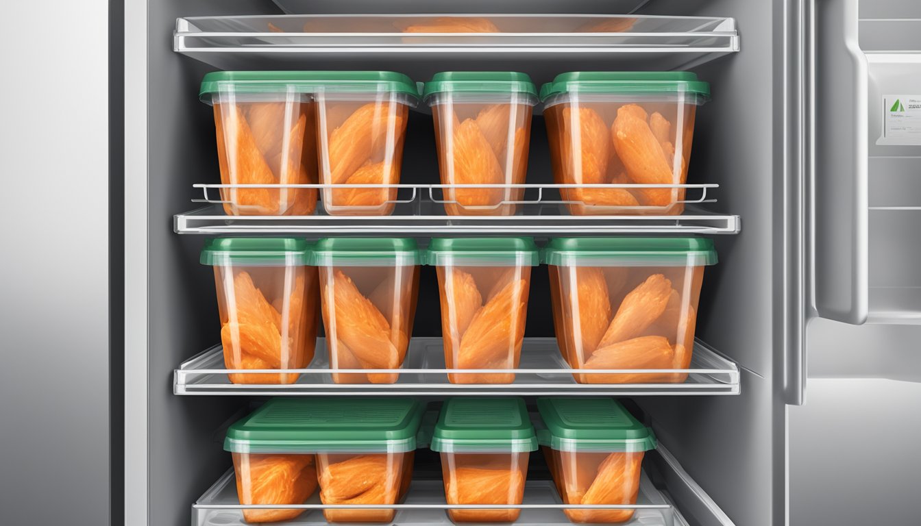 Buffalo chicken wings stored in airtight containers in a refrigerator, with a visible expiration date on the packaging