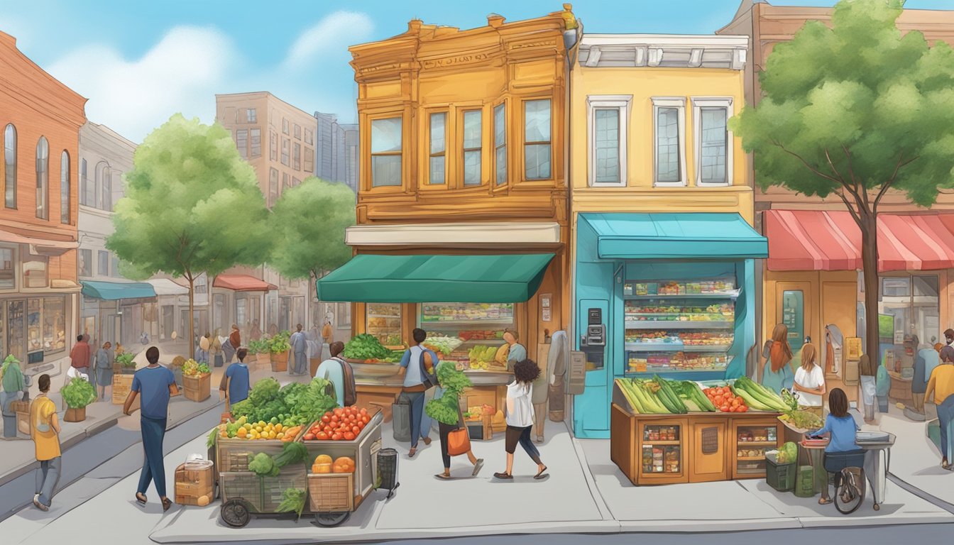 A bustling city street with a colorful community fridge adorned with artwork and filled with fresh produce and pantry items