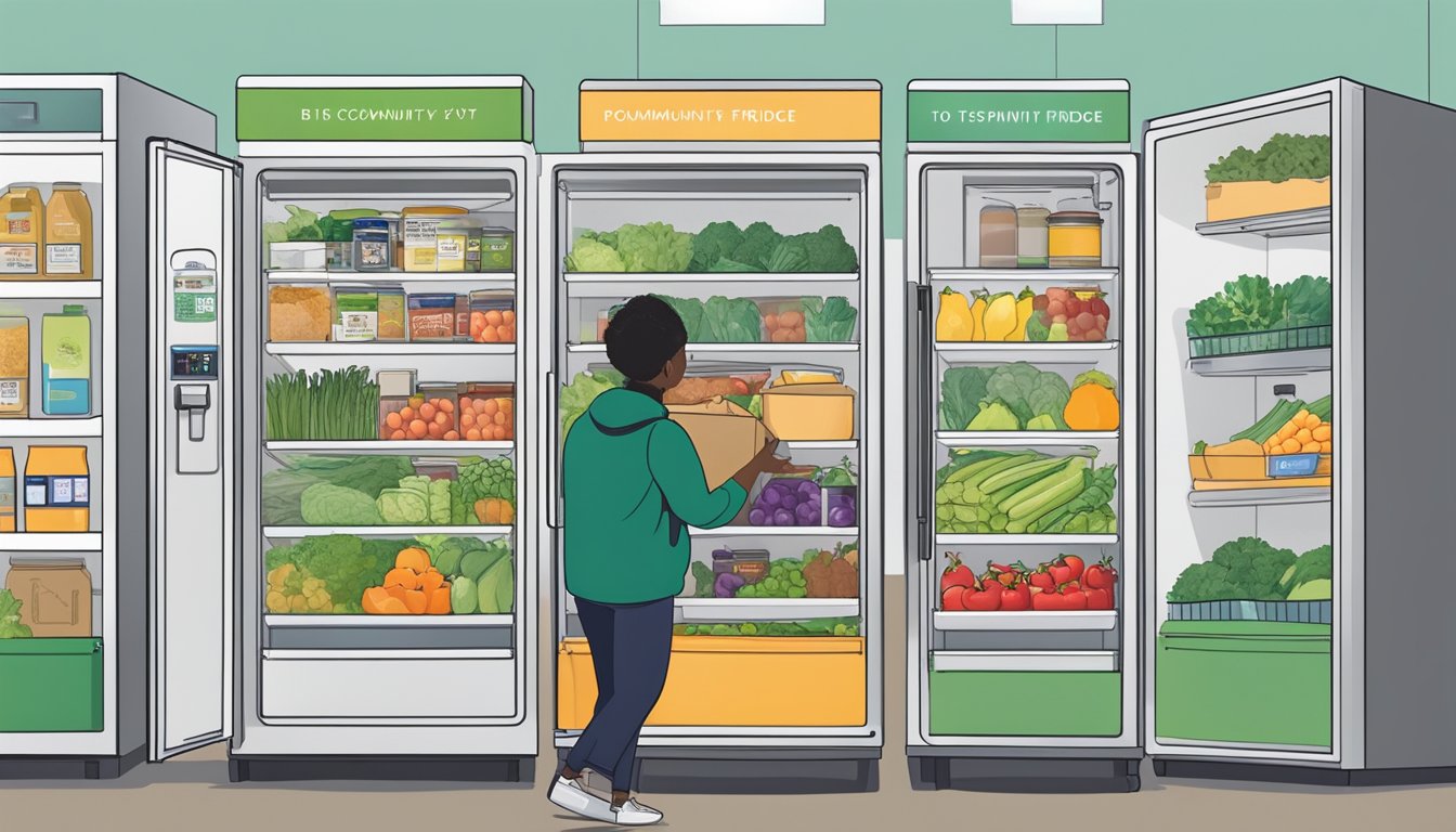 A person placing food in a community fridge with shelves stocked full of fresh produce, canned goods, and other essentials. The fridge is located in a public space, with a sign indicating it is for the community