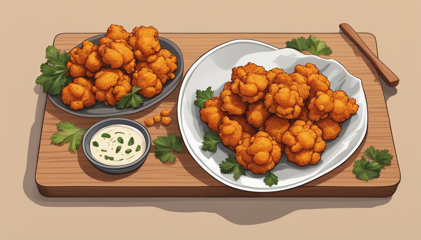 A plate of buffalo cauliflower bites sits on a wooden cutting board, surrounded by scattered spices and a small bowl of dipping sauce