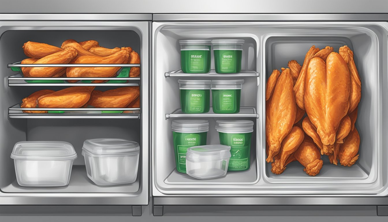 Buffalo chicken wings stored in a sealed container in the refrigerator, with a "use by" date label