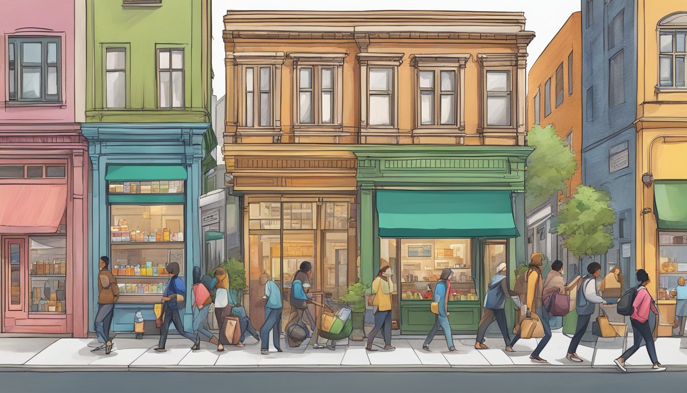 A bustling street corner with a colorful community fridge surrounded by diverse buildings and people passing by