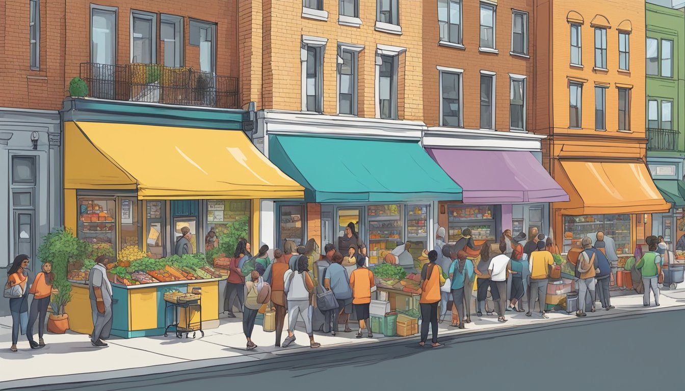 A bustling street corner with a colorful community fridge surrounded by people adding and taking food