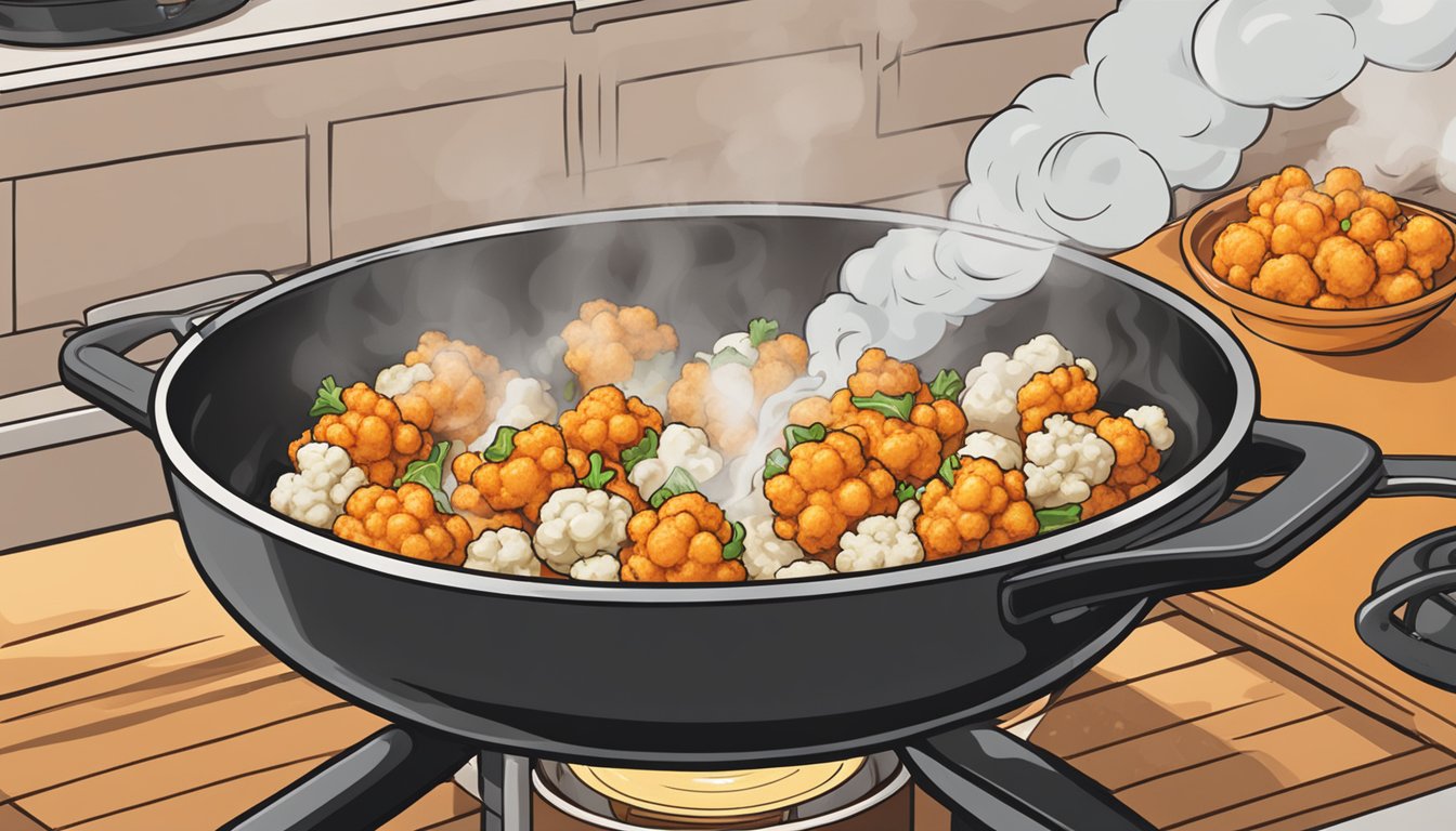 Buffalo cauliflower bites sizzling in a hot skillet. Steam rising as they cook