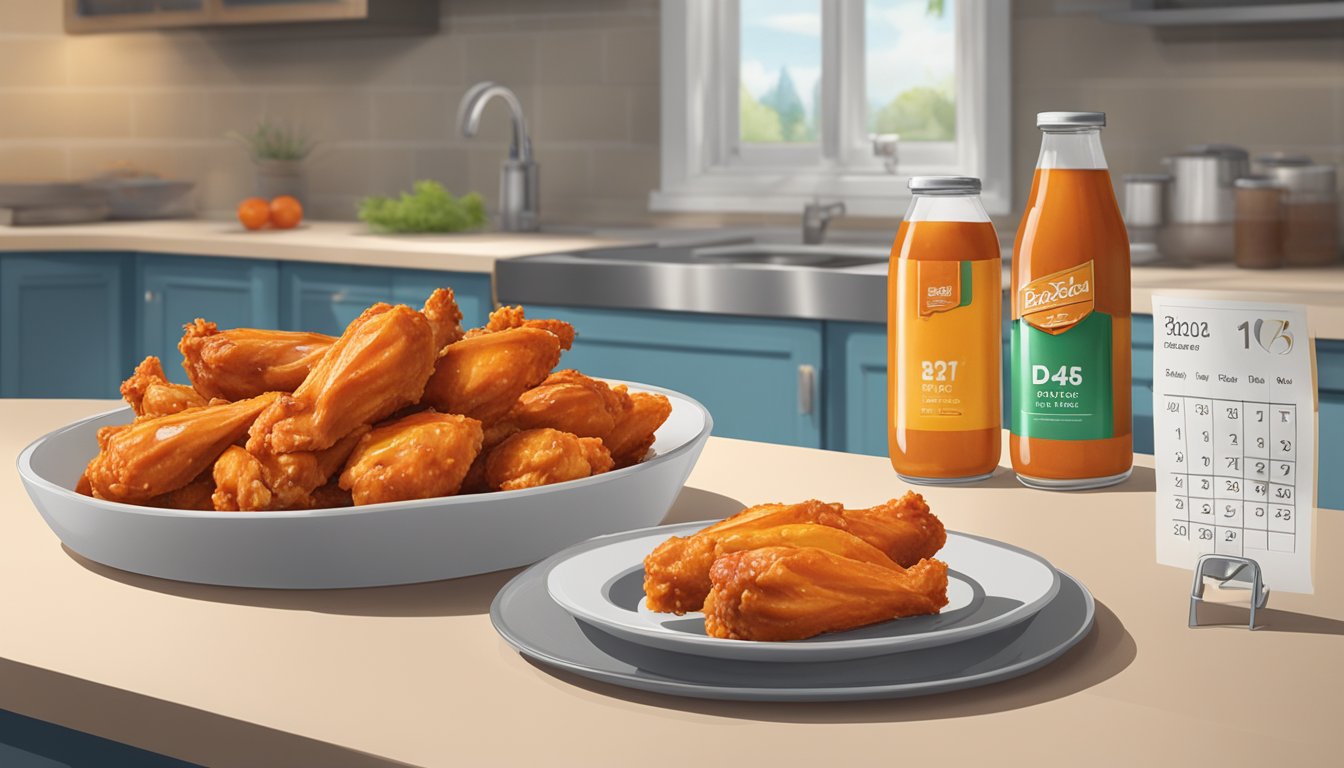 A plate of buffalo chicken wings sits on a kitchen counter, with a calendar nearby showing the current date and a "best before" label on the packaging