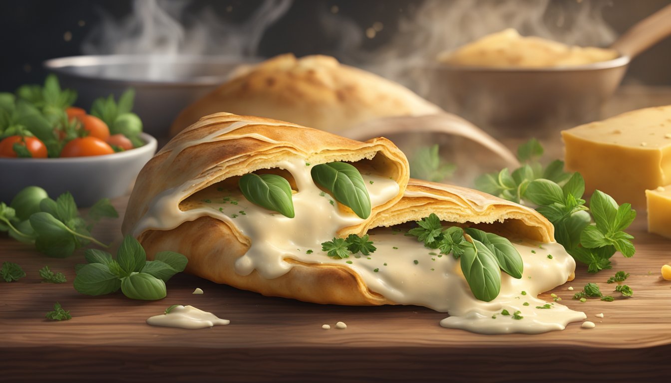 A freshly baked calzone sits on a rustic wooden table, steam rising from its golden crust. A scattering of fresh herbs and melted cheese spills out from the flaky edges