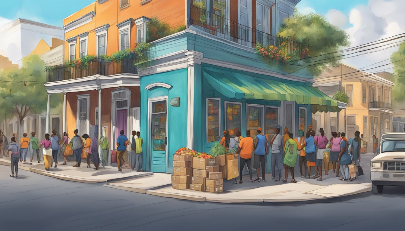 A bustling street corner in New Orleans, with a colorful community fridge surrounded by people dropping off food and supplies