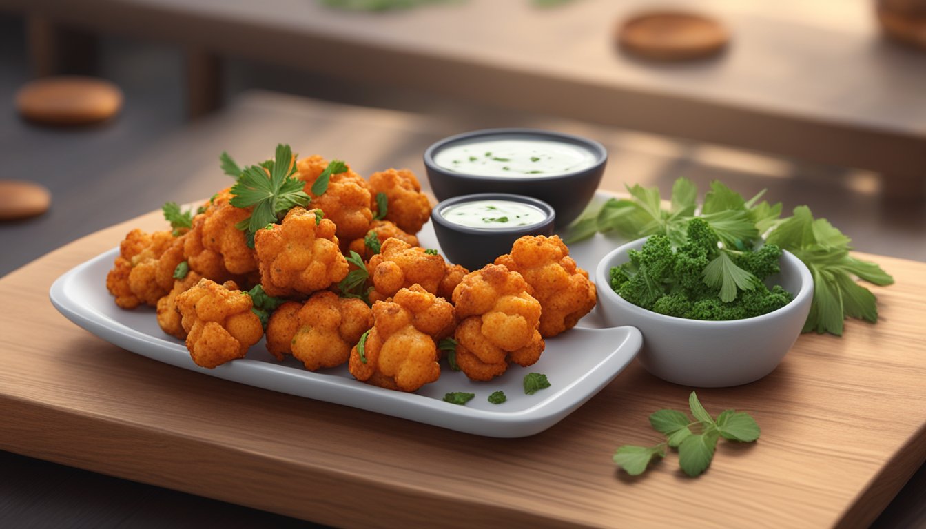 A plate of buffalo cauliflower bites, garnished with fresh herbs, sits on a wooden serving platter. A small bowl of dipping sauce accompanies the dish