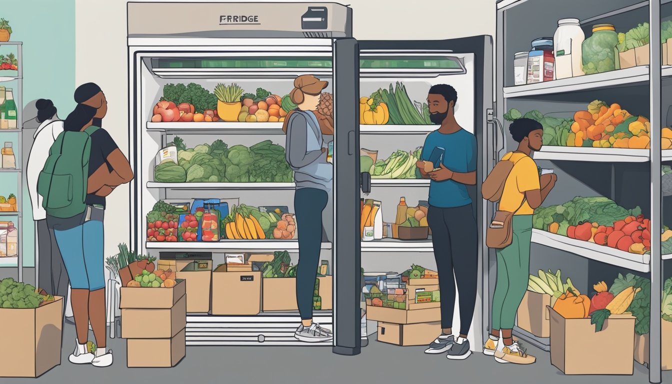 A community fridge filled with fresh produce, dairy, and packaged goods, surrounded by a diverse group of people accessing and restocking the items