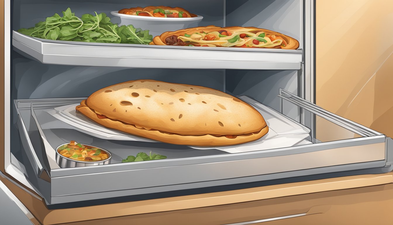 A calzone sits in an airtight container in the refrigerator, surrounded by other leftovers